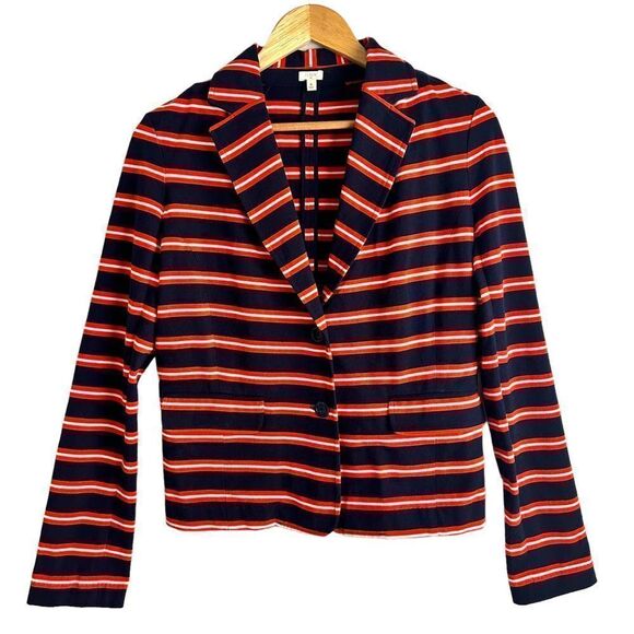 J Crew Factory Navy and Orange Striped 100% Cotton Two Button Blazer Size S - Picture 1 of 5